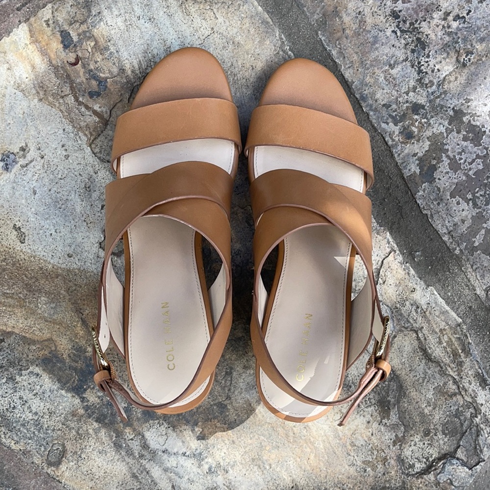 Cole Haan Penelope Tan Leather Strappy Open-Toe Wedge Heeled Sandals